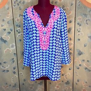 Lilly Pulitzer Renato Silk Tunic Brilliant Blue Tripped Out Dinner in size L